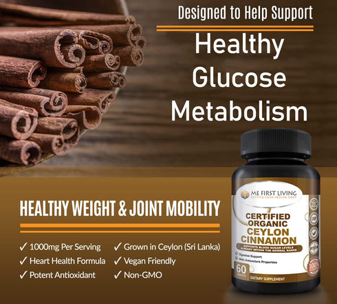 Me First Living Ceylon Cinnamon 1000mg - 100% Certified Organic Metabolism Support, 60 Tablets