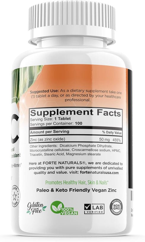 Zinc Supplements (100 Tablets) - Vegan 50mg Daily Supplement for Sensitive Stomachs, Non-GMO