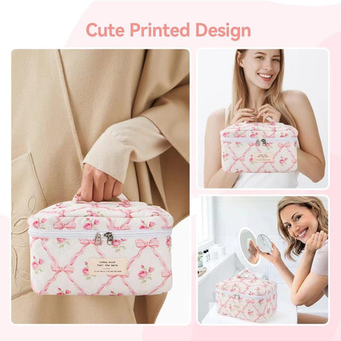 Large Travel Quilted Makeup Bag, Cute Bow Cotton Cosmetic Bag, Fashionable Aesthetic Toiletry Bag