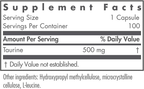 Nutricology Taurine 500mg Supplement - Cardiovascular Support, Free Form Amino Acid, Pure, Organic, Vegetarian Capsules - 100 Count