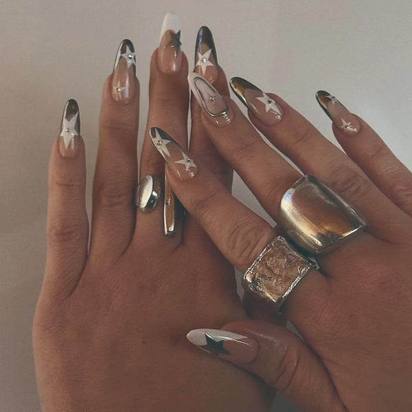 Press on Nails Medium Almond MABKJLF, French Tip Fake Nails, Nude Full Cover White Gold Nail Tip, 24 Pcs