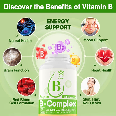 Sugar Free Vitamin B Complex with Methyl B12, MethylFolate, B6, B1, B2, B3 - Vegan, 180 Tablets for Energy