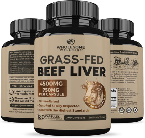 Wholesome Wellness Grass Fed Desiccated Beef Liver Capsules (180 Pills, 750mg Each) - Natural Iron and Vitamins