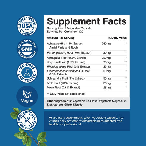 Herbal Adaptogen Mood Support Supplement - Calming Adaptogens Supplement for Stress & Cortisol Management with Ashwagandha Rhodiola Rosea & Maca Root - Vegan Non GMO & Daytime Friendly -120ct