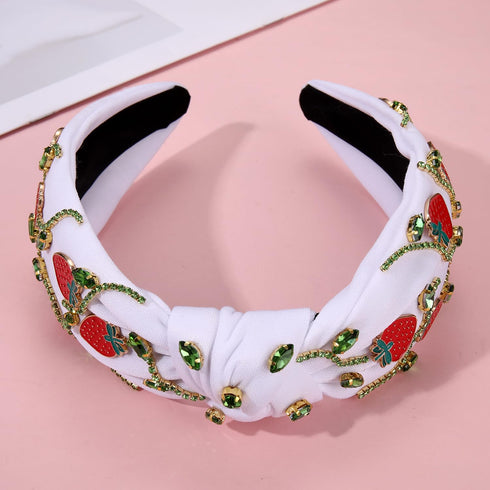 NVENF Strawberry Headbands, Jeweled Rhinestone Knotted Headband for Women, Tropical Beach Accessory (Strawberry A-White)