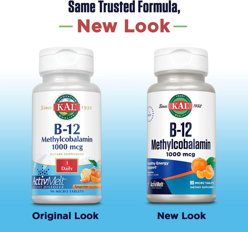 KAL Vitamin B12 Methylcobalamin 1000mcg, Healthy Energy, Metabolism, Nerve & Red Blood Cell Support,* Fast Dissolve ActivMelt, Optimal Absorption, Natural Tangerine Flavor, 90 Servings, 90 Micro Tabs