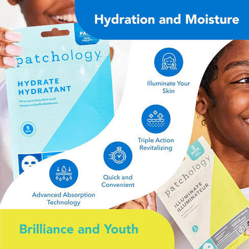Patchology Hydrating Sheet Masks - Weekend Travel Essentials with Hyaluronic Acid for Ultimate Hydration & Radiance