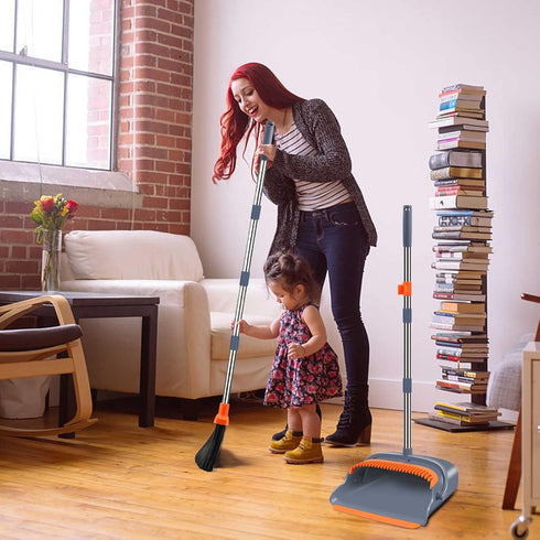 kelamayi Upgrade Broom and Dustpan Set - Self-Cleaning with Dustpan Teeth, Gray & Orange