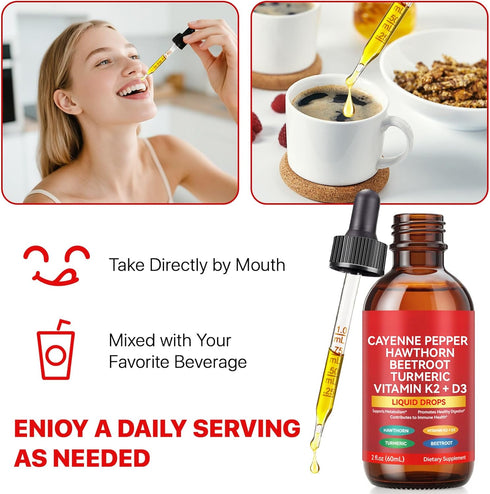 K2 D3 Cayenne Pepper Drops Supplement Liquid, Liquid Cayenne Pepper Drops Organic Extract, Hawthorn Berry, Vitamin