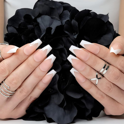 Hypnaughty 24 Pcs Modern White French Coffin Press On Nails with Design, Glue, Medium Long, Nude Color