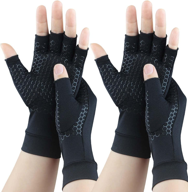2 Pairs of Copper Arthritis Gloves for Carpal Tunnel Pain Relief, Compression Fingerless Gloves for Women & Men