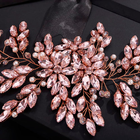 Pink Rhinestones Pearls Crystals Large Headband, Handmade Bridal Flower Hair Vine for Women, Rose Gold Hair Pieces