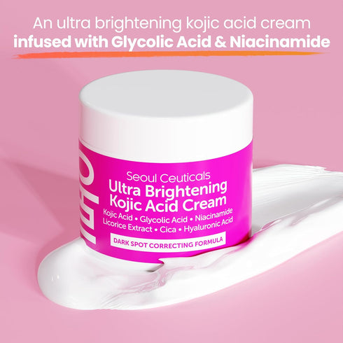 SeoulCeuticals Korean Kojic Acid Cream 2oz - Dark Spot Remover with Glycolic Acid, Niacinamide, Cica, HA - Cruelty Free