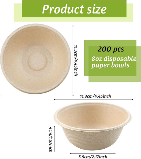 200 Pcs 8 oz Natural Sugarcane Biodegradable Bowls Disposable Paper Bowls Compostable Soup Bowls for Salad,Hot Soup,Pasta and Dessert by Cmkura