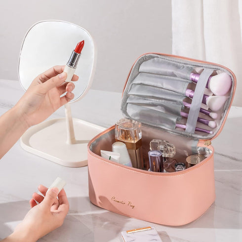 KITENROM Preppy Small Makeup Bag - Little Cosmetic Pouch Toiletry Organizer Case for Women (Root Pink)