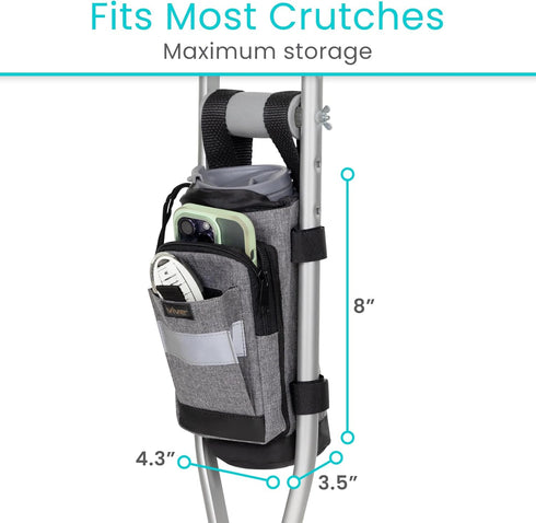 Vive Crutch Accessories Bag - Pouch for Crutches, Accessory Storage Carry Kit with Cup and Bottle Pocket Holder, Gray
