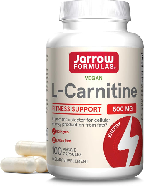 Jarrow Formulas L-Carnitine 500 mg, 100 Veggie Capsules for Cellular Energy Production, 100 Day Supply