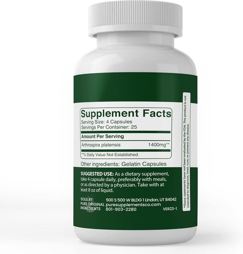 PURE ORIGINAL INGREDIENTS Spirulina (100 Capsules) Rich in Phycocyanin, Pure