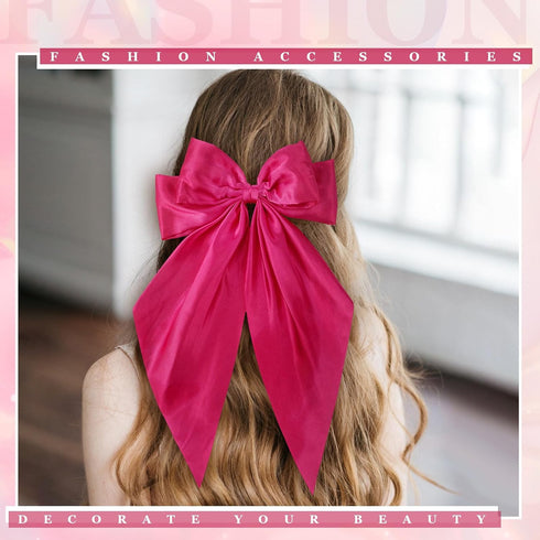 Large Pink Oversized Hair Bows, 4 Pack Satin Ribbons and Long Tail Barrettes for Women Girls