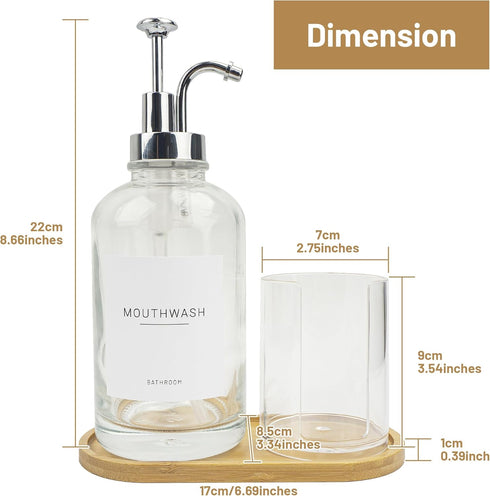 Ezebesta 17OZ Mouthwash Clear Glass Pump Dispenser with Disposable Cups Holder, Refillable Container