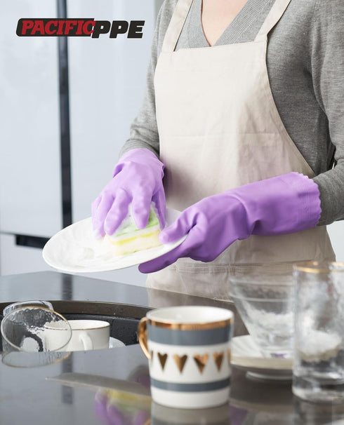 PACIFIC PPE 4 Pairs Reusable Dishwashing Cleaning Gloves, Latex Free, Cotton Lining, Kitchen Gloves, Purple, Large
