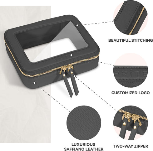 Waterproof Clear Makeup Bag Cosmetic Organizer Case with Golden Zipper for Travel Toiletries (Black)
