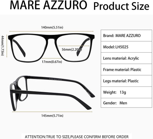 MARE AZZURO Reading Glasses Men Square Reader, Available in Multiple Strengths (Black 200)