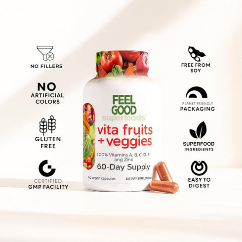 Vita Fruits and Veggies Capsules, 25 Superfood Ingredients, 60 Count Multivitamin for Men and Women