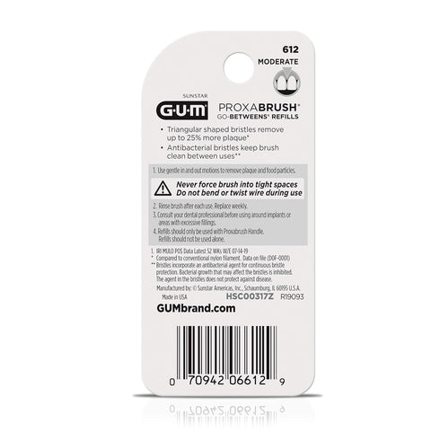 GUM Proxabrush Go-Betweens Refills - Moderate - Compatible with GUM Permanent Handle - Reusable Interdental Brushes - Soft Bristled Dental Picks, 8ct