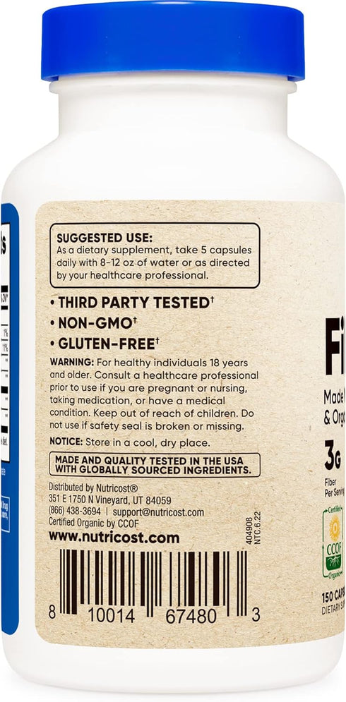 Nutricost Fiber Capsules with Prebiotic Fiber Supplement, 150 Capsules, Made with Organic Psyllium Husk & Jerusalem