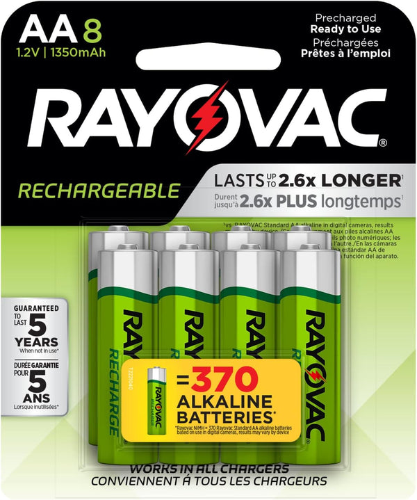Rayovac Rechargeable AA Batteries, 8 Pack, NiMH Double A Batteries