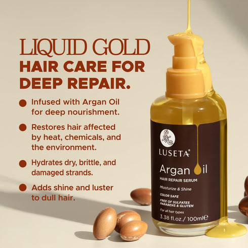 L LUSETA Argan Oil Hair Serum, 100% Pure for Frizzy Control, Repair & Shine, 3.38 Fluid Ounces