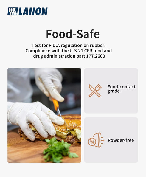 LANON Food Safe Disposable Nitrile Gloves, White, Latex-Free, Powder-Free, Textured Fingertips for Cooking, Cleaning,