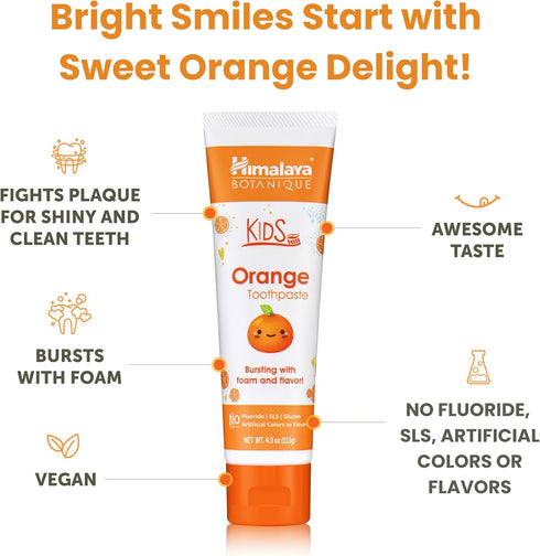 Himalaya Botanique Kids Toothpaste, Herbal Orange Flavor, Fluoride-Free, 4 Oz, 1 Pack, Gentle & Vegan