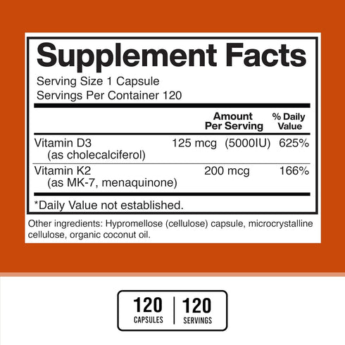 American Standard Supplements Vitamin D3 5000 IU (125mcg) Plus K2 (MK7) 200mcg, 120 Capsules, Gluten Free