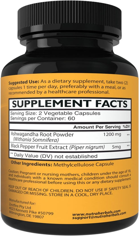 Ashwagandha Supplement, Premium Ashwaganda Root Powder 1200mg with Black Pepper Extract, 120 Vegi Capsules