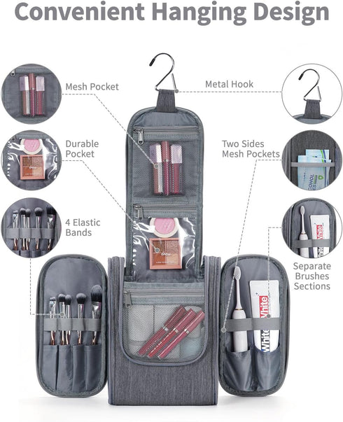 Narwey Small Hanging Toiletry Bag, Women Travel Makeup Organizer for Toiletries and Accessories (Medium, Grey)