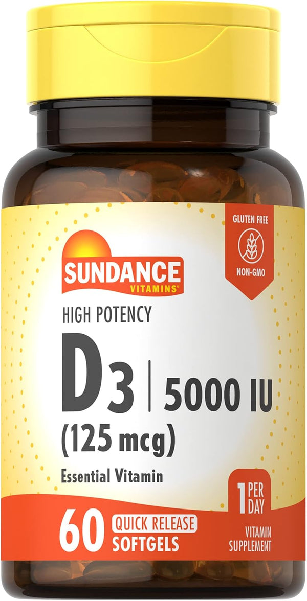Sundance D3 5,000 IU (125 mcg) High Potency Essential Vitamin Supplement, 60 Quick Release Softgels, Non-GMO