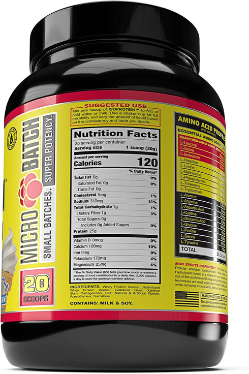 Man Sports ISO-Protein Hydrolyzed - 100% Pure Whey Protein Isolate Powder - Vanilla Ice Cream - 1.32 Pounds