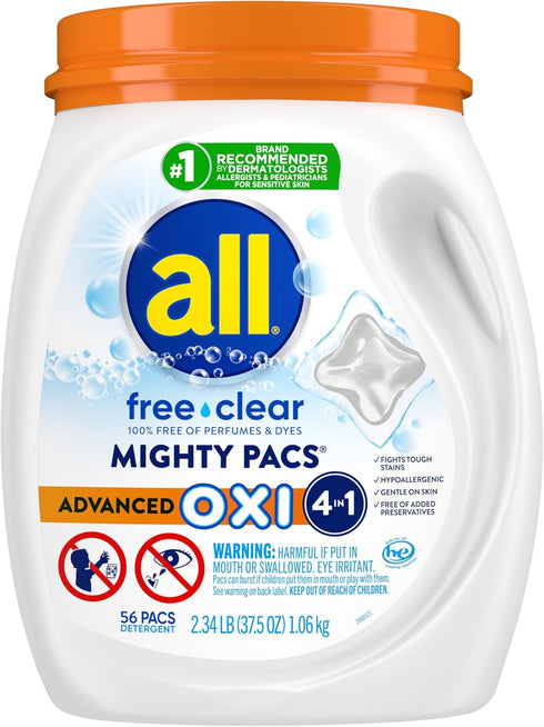 all Laundry Detergent Pacs, Mighty Pacs with OXI Stain Removers, Free Clear, Unscented, Dye Free, 56 Count