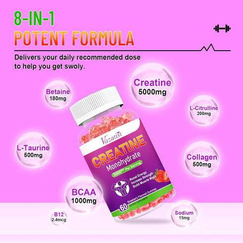 Creatine Monohydrate Gummies 5g for Women & Men, 60 Count | Sugar Free Vegan Supplement, Natural Strawberry Flavor