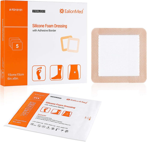 Silicone Foam Dressing with Gentle Adhesive Border 6''x6'', 5 Pack Waterproof Bandage for Pressure Ulcer