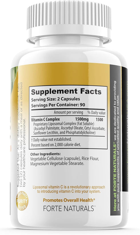 High Dose Vitamin C 1500mg Liposomal C Complex Supplement with Sunflower Lecithin - 180 Capsules