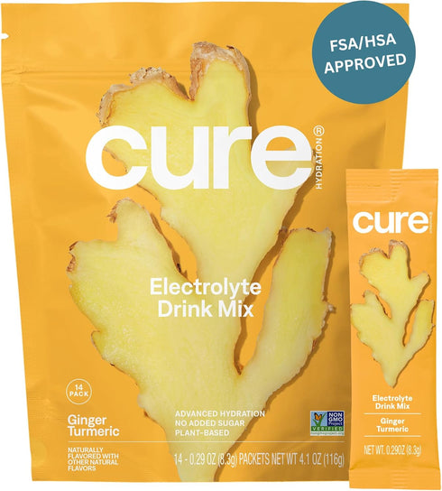 Cure Hydration Plant-Based Electrolyte Drink Mix, No Added Sugar, Coconut Water Powder, Vegan, 14 Packets - Ginger