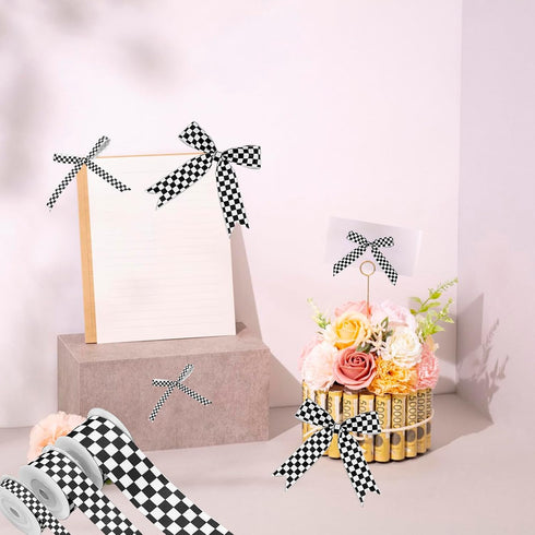 3 Rolls Checkered Printed Ribbon, 0.4, 0.87, 1.5 Inch Wide, 15 Yard Car Theme for DIY Crafts, Wreath Racing Party