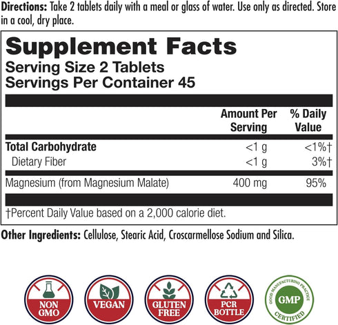 KAL Magnesium Malate 400mg, Chelated Magnesium Supplement, 90 Veg Tabs, Vegan, Non-GMO