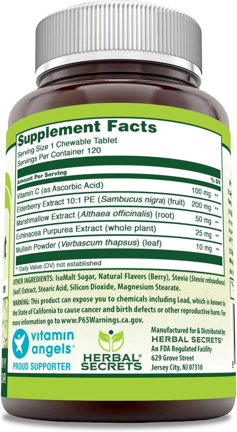 Herbal Secrets Immune Support with Vitamin C & Elderberry | Berry Flavor Chewable Tablets | 120 Count | Non-GMO | Glute-Free | Made in USA