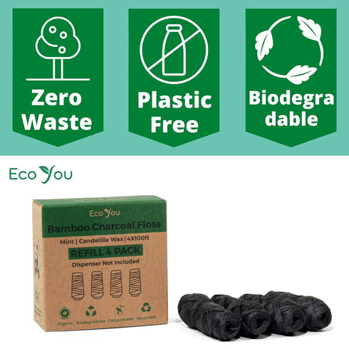 Bamboo Floss Refill | 4X100 FT Biodegradable Floss Refill | Mint & Candelilla Wax | Charcoal Dental Floss | Eco Floss