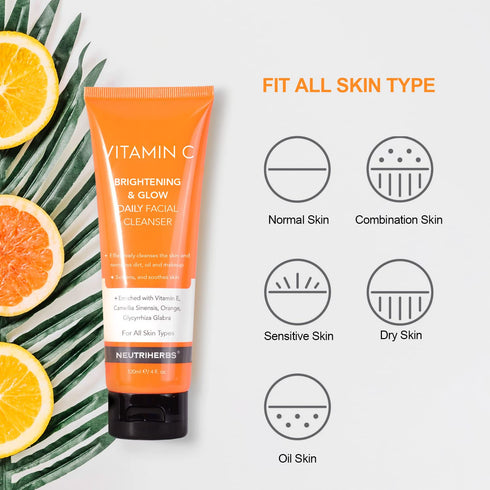 Neutriherbs Vitamin C Face Wash, Daily Cleanser with Aloe & Hyaluronic Acid for All Skin Types, 120ml