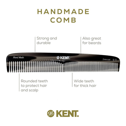 Kent 9T Black Graphite Detangler Comb, Fine Tooth and Wide Tooth, Large Handmade Dressing Comb, Made in England